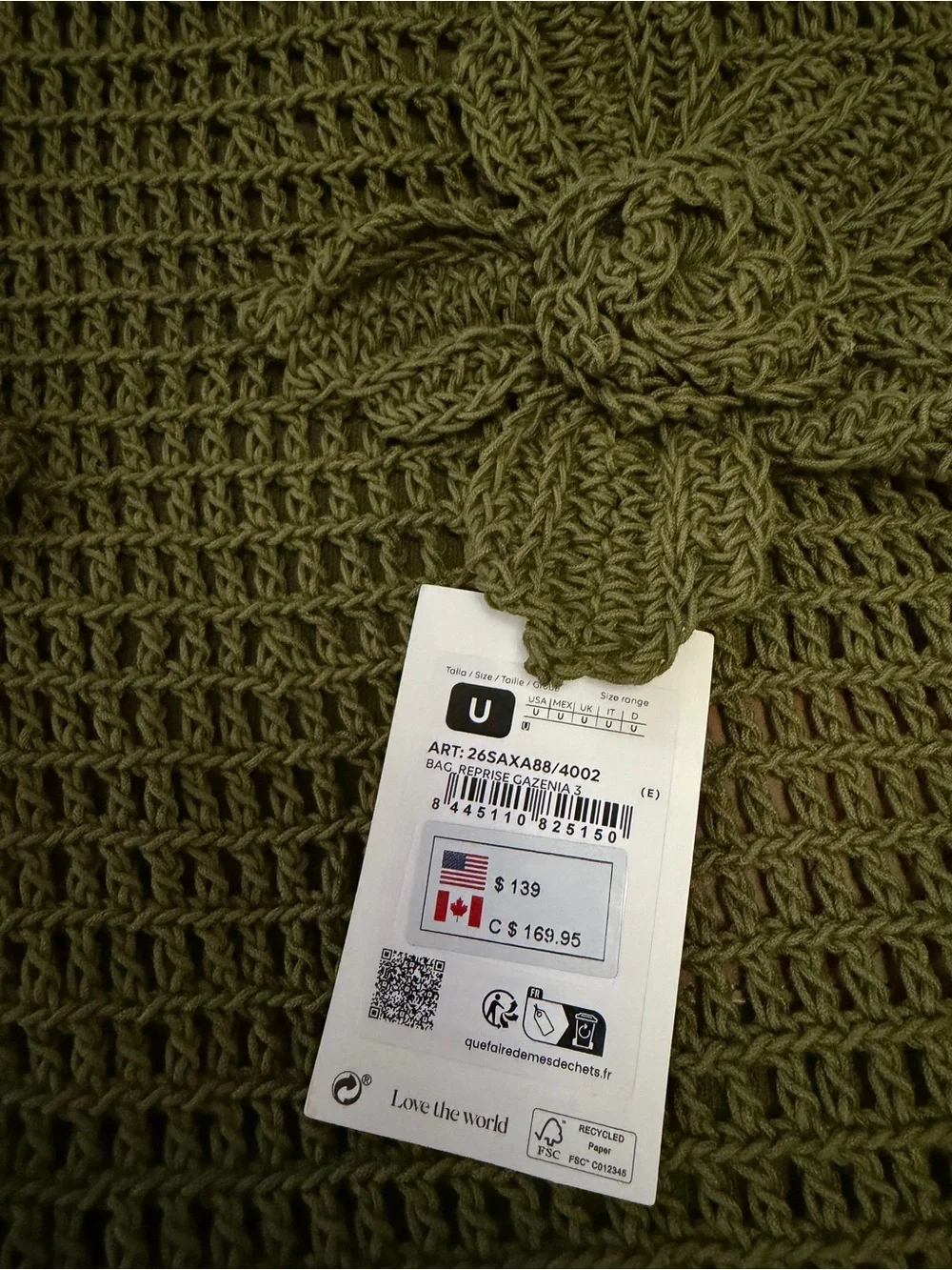 Desigual Olive Crochet Shoulder Bag with Floral Motifs